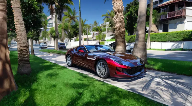 A red sports car parked on a sidewalk next to a palm tree-lined street.