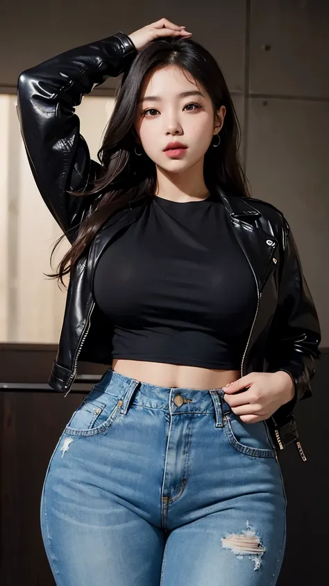 (ultra high definition, 8K, masterpiece: 1.3), Korean woman, fat, obesity, thick thighs, beautiful, black leather pants, plus model, black t-shirt, Denim denim jacket