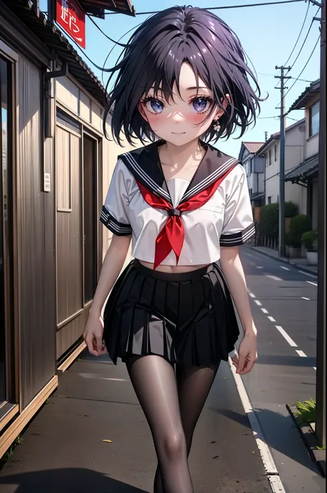 yuukikonno, Yuki Konno,Black Hair,short hair,Bob Hair ,Green headband,(iris:1.5), (Small breasts:1.2), smile,Japanese schoolgirl(Black Sailor Suit),Short sleeve,Black pleated skirt,Black pantyhose,Brown Loafers,whole bodyがイラストに入るように,walk,
break outdoors,  ...