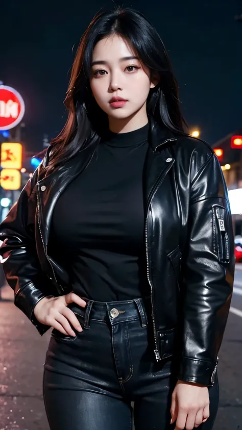 (ultra high definition, 8K, masterpiece: 1.3), Korean woman, fat, obesity, thick thighs, beautiful, black leather pants, plus model, black t-shirt, Denim denim jacket, city, night, neon sign