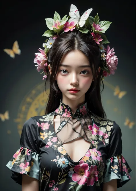 (masterpiece, highest quality, highest quality, Official Art, beautifully、aesthetic:1.2), (Big Eyes、1 girl), Very detailed,(Fractal Art:1.3),colorful t-shirt、Most detailed, Background with fractals and details of assorted flowers and tropical butterflies、