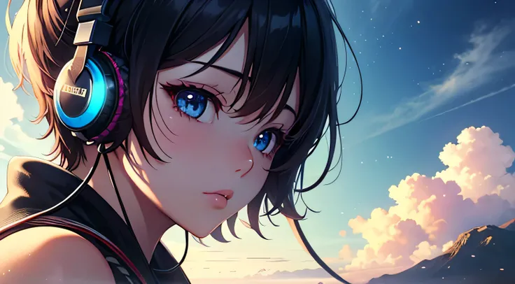 Absurd, High resolution, (Official Art, beautifully、aesthetic:1.2), Close-up, Bright Sky, A vast world, girl, Wear headphones, stare, Awe-inspiring expressions, Distant Horizon, cloud, High Hill, Natural Beauty, Inspiration, Light effects,