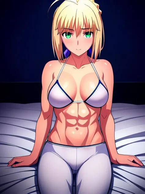 Best_quality, masterpiece, highres, detailed, detailed_background, ray_tracing_graphic, solo, adult_female, {saber_fatestaynightufotable:1.15}, blonde_hair, little_ahoge, detailed_green_eyes, blue_ribbon, 1girl, anime_coloring, detailed_face, happy_face, f...