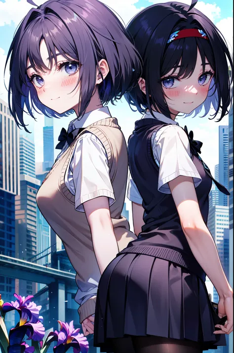 yuukikonno, Yuki Konno,Black Hair,short hair,Bob Hair ,Ahoge,Green headband,(iris:1.5), (Small breasts:1.2), smile,break skirt, shirt, bow, ribbon, , white shirt, Short sleeve, Pleated skirt, collared shirt, mini skirt, bowtie, 茶色のloafers , Black Skirt, Bl...