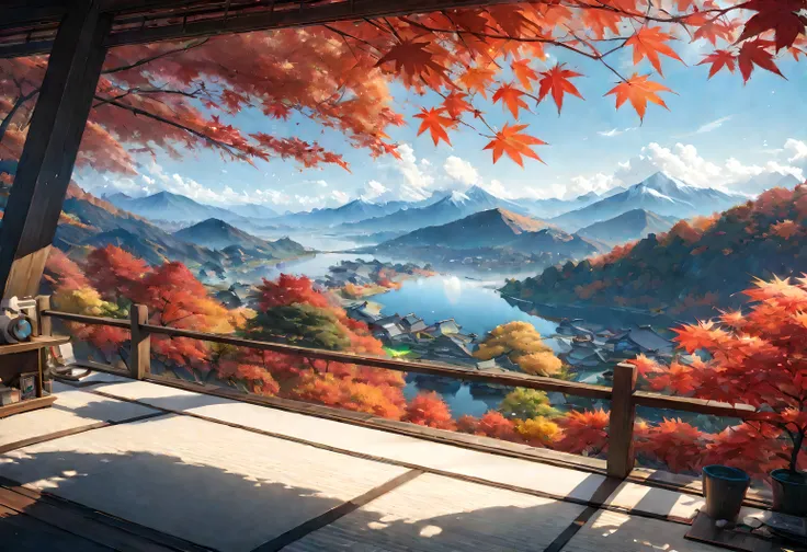 ((masterpiece)), ((best quality)), beautiful Japanese landscape, in front Japanese maples are photorealistic autumn leaves, dreamlike scenery, gentle sunlight, , distant mountains is anime style, clear blue sky, peaceful atmosphere, soft breeze, serene atm...