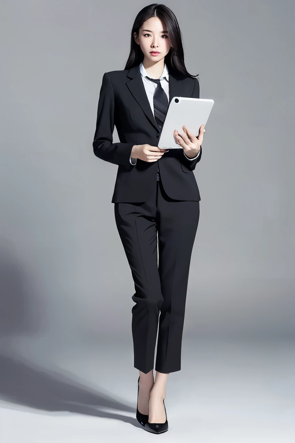 Full body or upper body portrait of a business person in a suit with a serious expression、A somewhat skeptical look with a smartphone or tablet in the hands. Overall achromatic color（grayscale）By drawing with、Expresses the impression that the person is not...