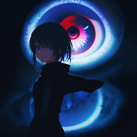 woman with red eyes stands in front of the window, huge eye in the background, Dark background, eyes, trending on pixiv, There&#39;s this creepy atmosphere behind her, panoramic view of a girl, animated lighting, forced witness, Glass lid, illuminated by a...