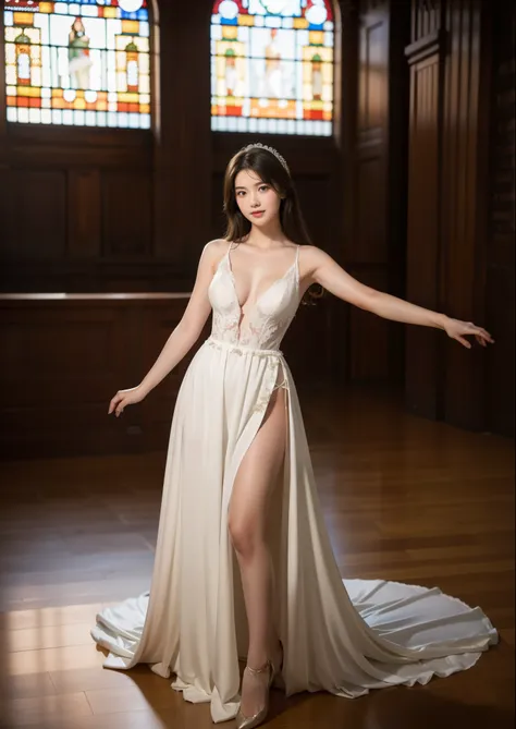 Beautiful 25 year old  woman。She is wearing a wedding dress. She stretches her a arm like a ballet.. She is smiling on illuminated by the evening church lights . romantic sunset. her dark brown hair. High resolution、masterpiece、highest quality、頭w:1.0、((Has...