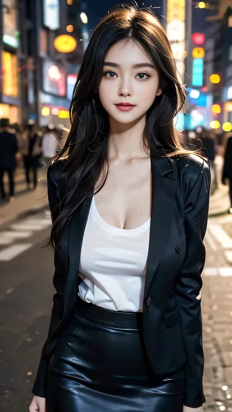 (​masterpiece), top-quality, highest quality, very high resolution, hyper realistic, in the night, standing at Tokyo city, pure blue eyeshadow, short eyebrow, Big eyes, smile, Beautiful face, 19 years old gravure girl, incredibly absurdness, a close up, ci...