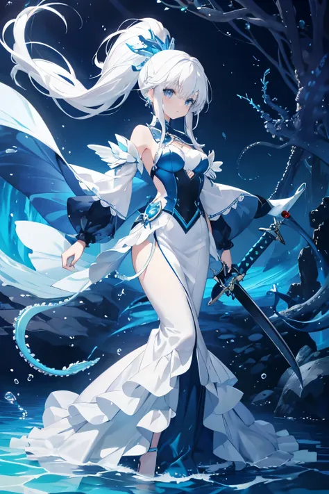 white hair，blue eyes，long ponytail，fin，fish scales，mermaid，deep ocean，blue clothes，blue wings，long white gauze dress，tentacles，o...