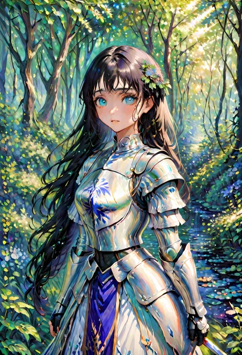 (claude monet style:1.5) claude_monet style painting, a picture of woman paladin of nature protecting the forest, a woman knight...