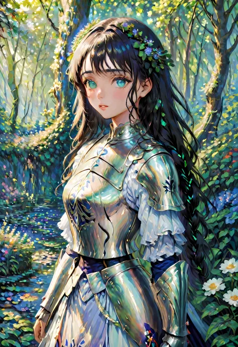 (claude monet style:1.5) claude_monet style painting, a picture of woman paladin of nature protecting the forest, a woman knight...