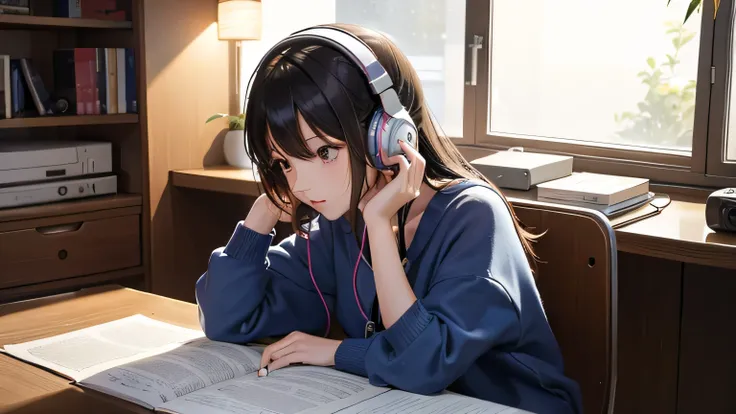 Beautiful girl studying in her room while listening to music with headphones Japanese style Warm lighting Japanese anime style cool