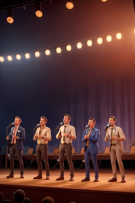 ((melhor qualidade)), ((Four male singers in toothpicks and ties, singing acapella into a vintage microphone, on a stage, with lights and smokeObra de arte)), (detalhado), rosto perfeito