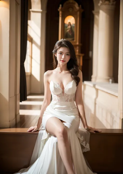 Beautiful 25 year old  woman。She is wearing a wedding dress. She is smiling on illuminated by the evening church lights . romantic sunset. her dark brown hair. High resolution、masterpiece、highest quality、頭w:1.0、((Hasselblad Photos))、fine skin、(movie lighti...