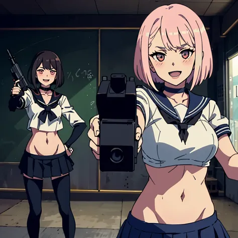 cyberpunk edgerunners, 2girl, two girl, blush, large breast, choker,   long hair, masterpiece, best quality, highly detailed, a anime girls in sailor uniforms with a gun posing for a picture,
evil smile, smile, open mouth,black_serafuku, ecchi anime style,...