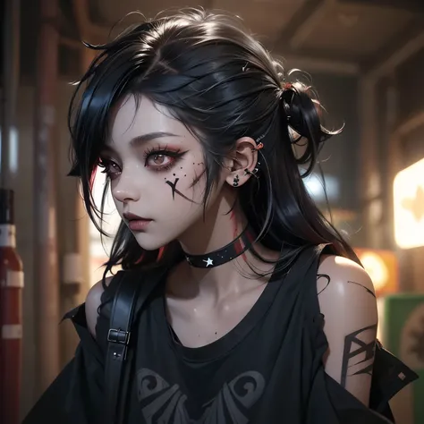 A goth girl, wearing an off-the-shoulder t-shirt, skull print, ripped pants, black lipstick, bright lips, crazy smile, smoky eyes, piercing, ear piercing, (highlighted hair, black hair, red hair, messy hair, hair short with long sides, hair color: 1.4), bo...