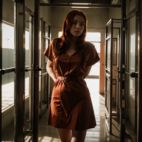 A beautiful red-haired girl in a dress stands handcuffed behind prison bars, Realistic, 8k