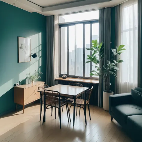 Image of the whole room、Wide-angle shot、A broad perspective、wide、Large living room、100㎡、kitchen、table、Natural interior、Foliage plant、Blue Curtain、rug、City、Tower apartment、interior、Stylish、Stand lamp、Asahi、Realistic、masterpiece、beautiful、8k、highest quality、...