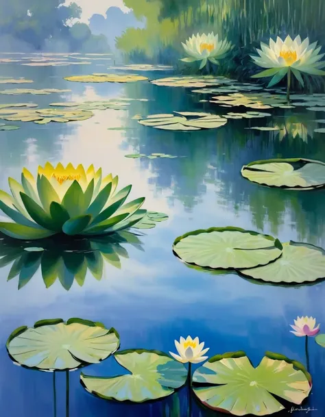 claude monet style/claude monet style，《water lily》，combine water, air and some kind of artistic mood，along the water，beautiful w...