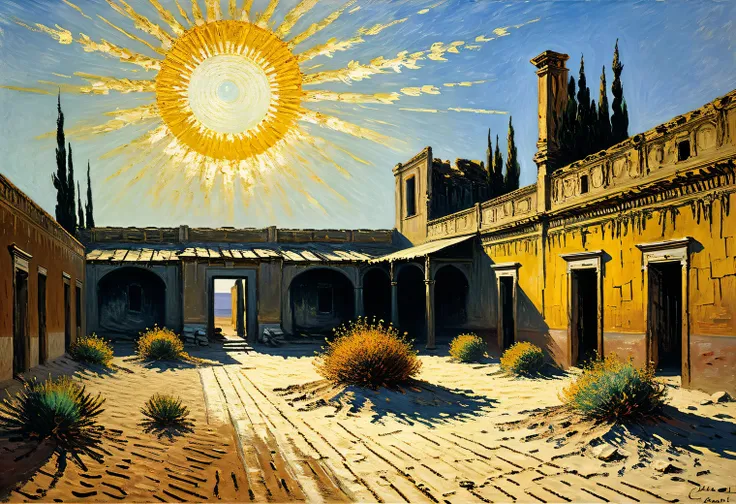 Claude Monets painting, The bright desert sun scatters its drying rays, sand, ruins, dryness and heat, antiquity and mystery, minimalism, coal and gold, clarity, modern art, subtly and elegantly, in detail, avant-garde and rigor, illusion, surrealism, volu...