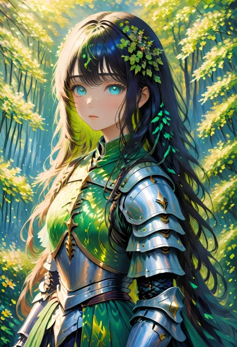 (claude monet style:1.5) claude_monet style painting, a picture of woman paladin of nature protecting the forest, a woman knight...