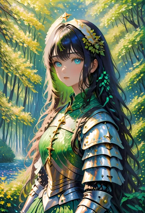 (claude monet style:1.5) claude_monet style painting, a picture of woman paladin of nature protecting the forest, a woman knight...