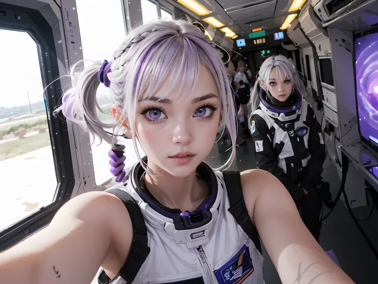  a boy and a girl, with grey hair with purple tip, purple eyes, long ponytail, on the space shuttle, in the hallway, , multicolored hair, white hair, depth of field, perspective, perspective, UHD, masterpiece, ccurate, anatomically correct, high quality, b...