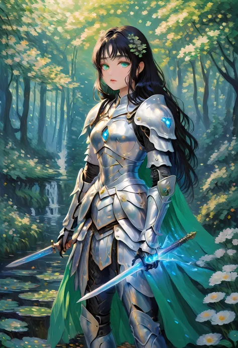 (Claude Monet Style:1.5) Claude_Monet style painting, a picture of woman paladin of nature protecting the forest, a woman knight, black hair, long hair, full body (best details, Masterpiece, best quality :1.5), ultra detailed face (best details, Masterpiec...