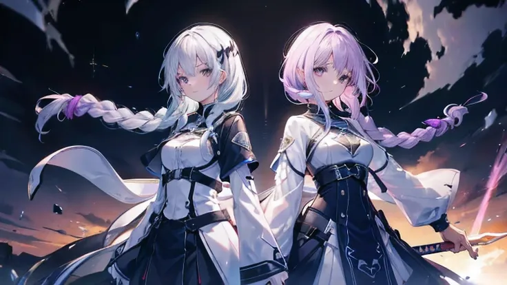 Two girls with long braids,Sword in hand,Sparks Floating,Clothes of the future,A little purple in the hair
