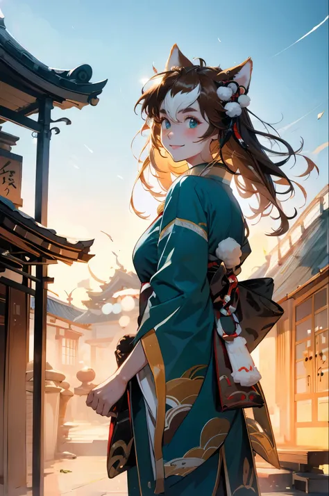 1 girl solo, long brown hair, animal ears, green kimono, smiling and blushing, outside red japanese temple