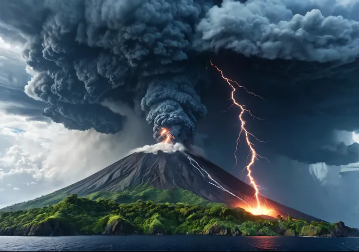 An isolated island in the ocean with a volcano in the middle、Volcanic eruptions、Crystal Cloud、Giant Tornado, Lightning strikes、Earth, Atmospheric perspective, 8k, Wide-angle lens、Super detailed, Accurate, highest quality, lightning、Clear images、High color ...