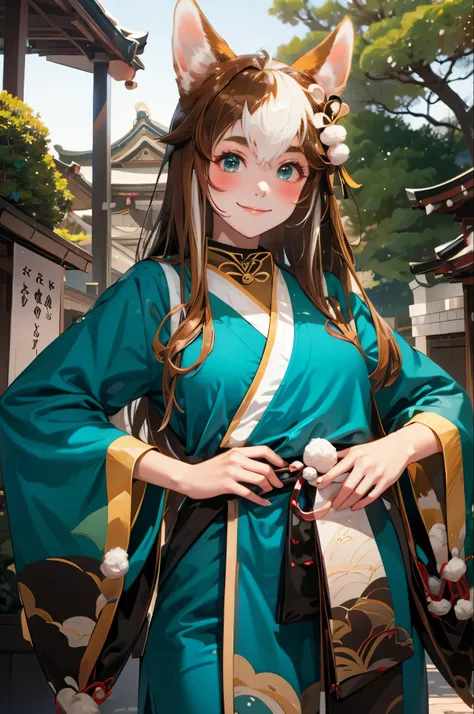 1 girl solo, long brown hair, animal ears, green kimono, smiling and blushing, outside red japanese temple