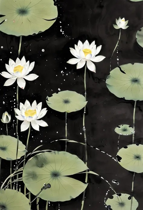 lotus, lotus leaves, koi，
splattered black ink,flawless,clean,
meticulous brush,freehand splash ink,xuer ancient style ink,