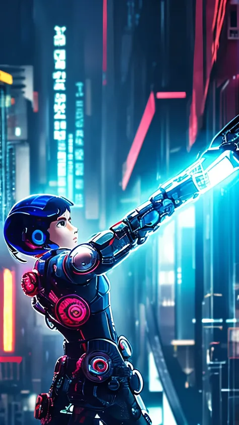 Kid, Robotic Arm, Ghost in the Shell, Cyberpunk, Chains, Neon, LED, Gears