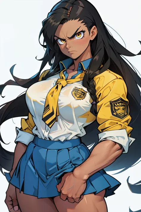 muscular toned body bodybuilder huge breasts black hair yellow eyes angry 1girl cowboy shot curvy very long hair (school uniform)