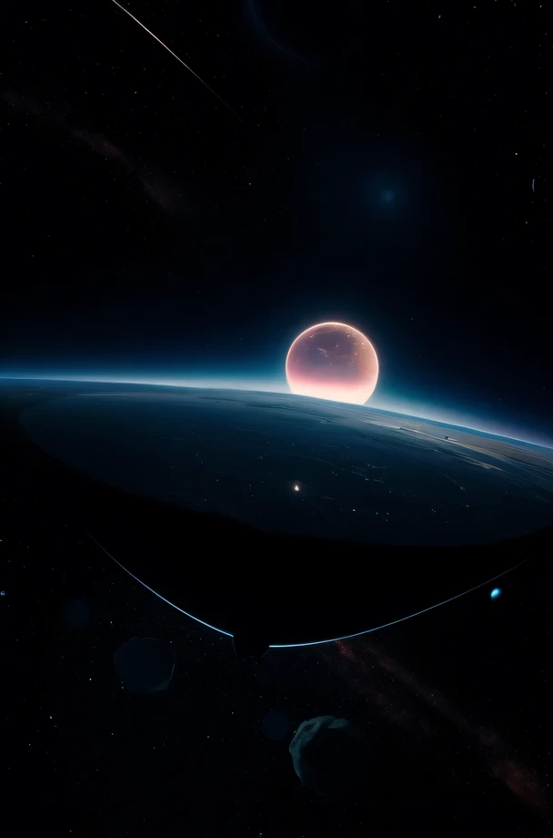 (a high resolution, ultra detailed) star system. A meteorite flies near her, many stars and many planets