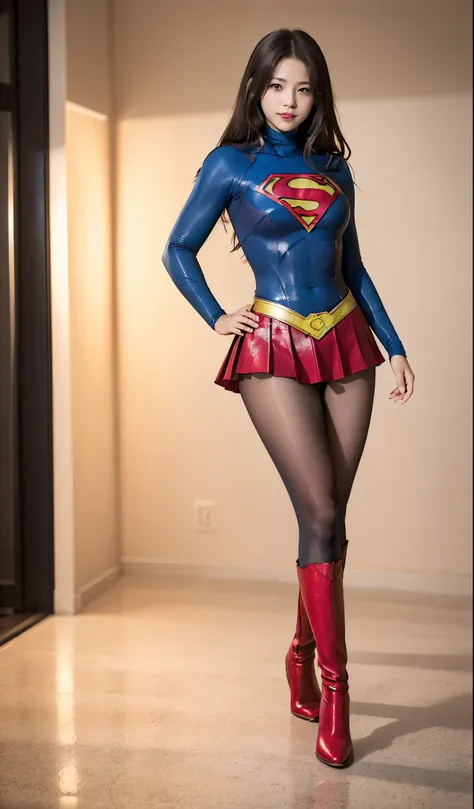 No background、(((Beautiful legs in black tights.)))、(((Legally express the beauty of your smile)))、((((Make the most of your original images)))、(((Body-fitting Supergirl costume)))、(((Supergirl Costume)))、(((Beautiful Hair)))、(((suffering)))、(((Please wear...