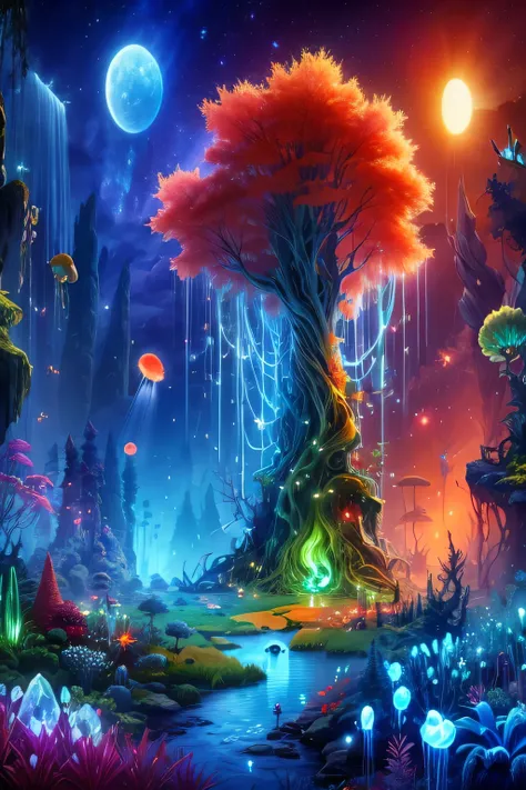 ori and the blind forest game style,extremely detailed, alien landscape, strange tree, bright red grass, blue cactus,green auror...