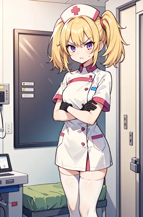 1girl, solo, nurse, nurse cap, white nurse uniform, ((white legwear, zettai ryouiki)), white gloves, twintails, yellow hair, purple eyes, angry, crossed arms, standing, ((hospital room)), sharp outline, short sleeves, best quality, masterpiece