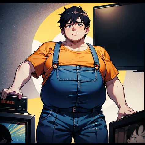 obese men，ugly、black hair，orange shirt and grey overalls、tv program,illustration anime style，dark 4k, hyper hd, masterpiece