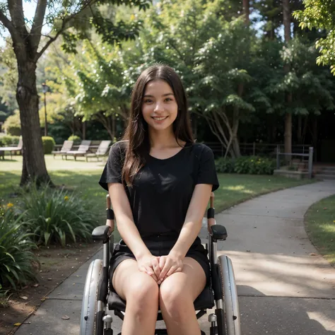 "A 22-year-old, cute woman with a disability, sitting in a wheelchair in a beautiful natural setting. She has a bright, cheerful smile, with expressive eyes and long, flowing hair. She is wearing a black shirt and black pants, which complement her youthful...