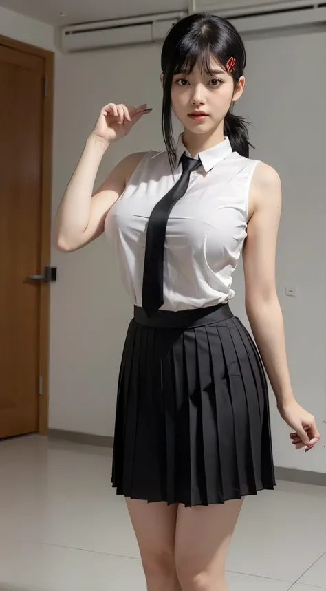 Highest quality、Ultra-high resolution、Professional Lighting、Detailed Background、In the classroom、full body,Kobeni-chan、A sloppy smile、25-year-old woman、beautiful girl、(Kobeni-chan、Jet black hair, Black Hair, bangs, One-sided hair,)、(Red Hair Clip:1.1)、(Whi...