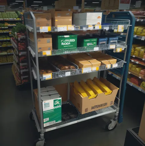 Rack with products and goods in a supermarket