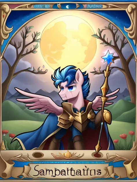 My little pony,old pegasus in scars and armor, male,Bow and arrows, Magic wand, moon, green and blue mane, Pink coat color, Moderate blue eyes, Mark of distinction = pink musical note with gold crown in middle,dark fantasy aesthetics