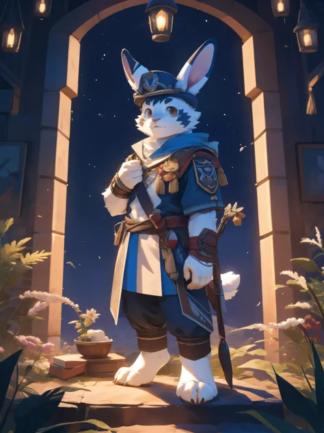 full-length portrait，anthro，hi res，male，juvenile，strong，adventurer，rabbit，Legs white plush feet，White plush paw，Detailed eyes，Delicate eyes，Extremely high detail，8k high definition characters，calm