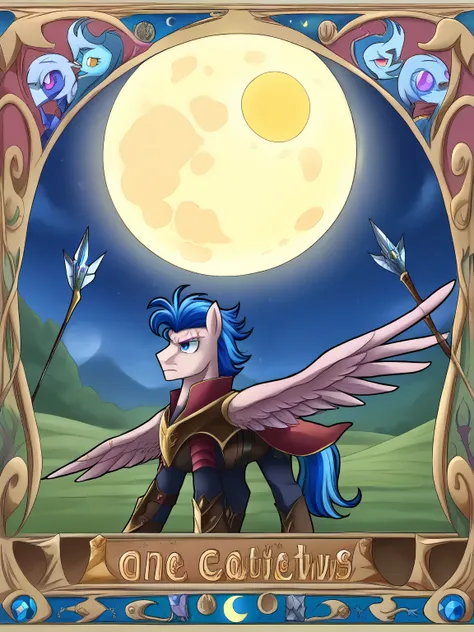 My little pony,old pegasus in scars and armor, male,Bow and arrows, wand, moon, green and blue mane, Pink coat color, Moderate blue eyes,  Mark of distinction = pink musical notе n in middle,dark fantasy aesthetics