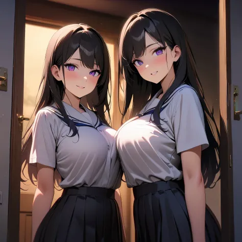 2girls, ((Both girls are twins)), ((Both girls wear Japanese school uniform)), ((Both girls are curvy, busty and attractive)), ((Both girl has straight long black hair, violet eyes)), ((Both girls is standing at the main door, looking at the viewer, smilin...