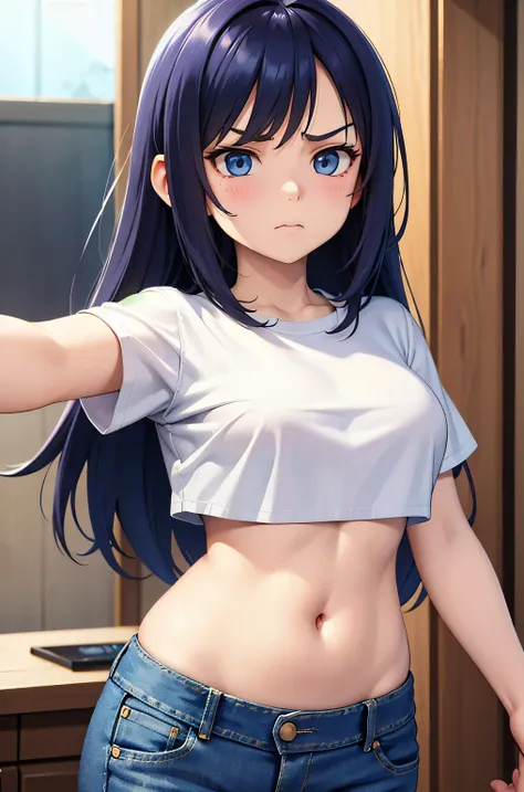 super fine illustration, vibrant colors, masterpiece, sharp focus, best quality, depth of field, cinematic lighting, ultra detailed, short sleeves, t shirt, denim, belly button, midriff, wide hips, 1 woman, home, solo, milf, long hair, slender, blush, anno...