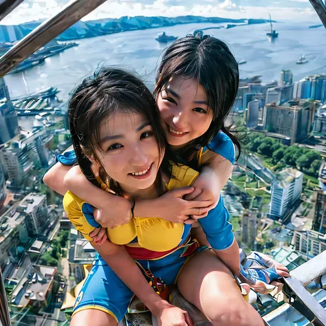 Identical twin sisters hugging、16 years old、,an(8K、Live Shooting、highest quality、masterpiece:1.2)、Super detailed、Super Resolution、(Hyper Reality、)Super detailed、Super Resolution、(Real、Actual Photos:1.47)、 exhilarating roofsuperior selfie of a confident wom...